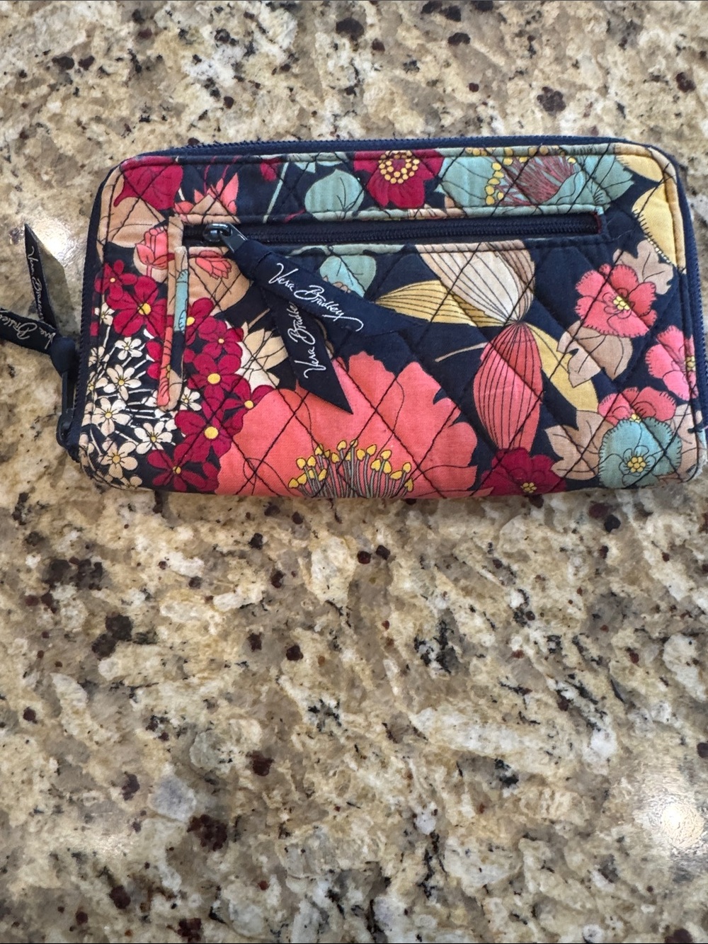 Vera Bradley Navy Quilted Floral Zip Wallet with Coral, Teal & Yellow